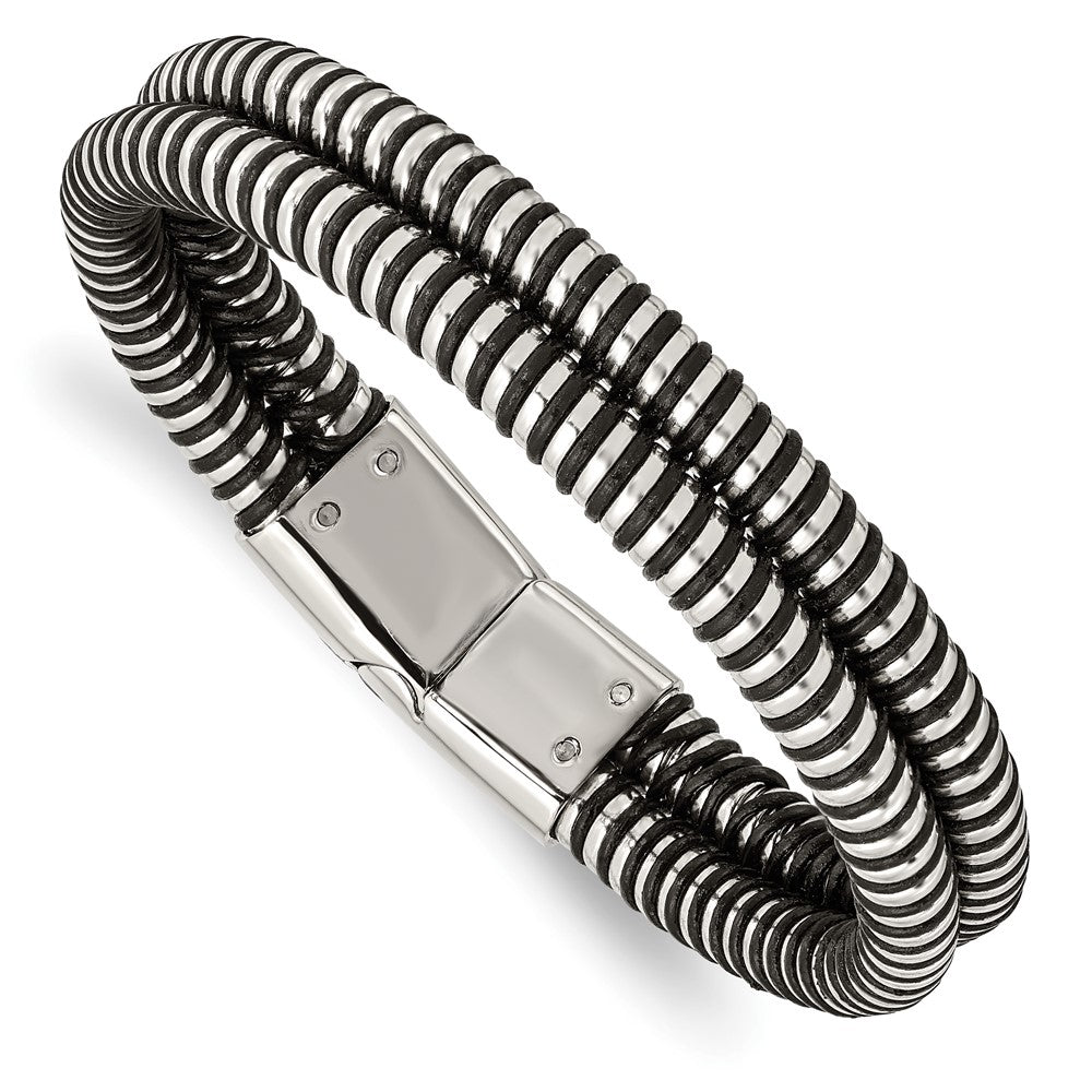 8.5 Inch Stainless Steel Polished & Black Leather 8.5In Bracelet