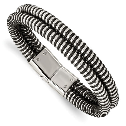 8.5 Inch Stainless Steel Polished & Black Leather 8.5In Bracelet