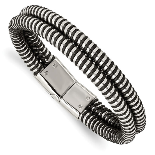 8.5 Inch Stainless Steel Polished & Black Leather 8.5In Bracelet