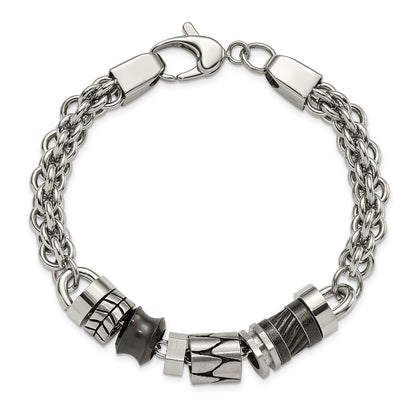 8.25 Inch Stainless Steel Antiqued Brushed & Polished With Beads 8.25In Bracelet