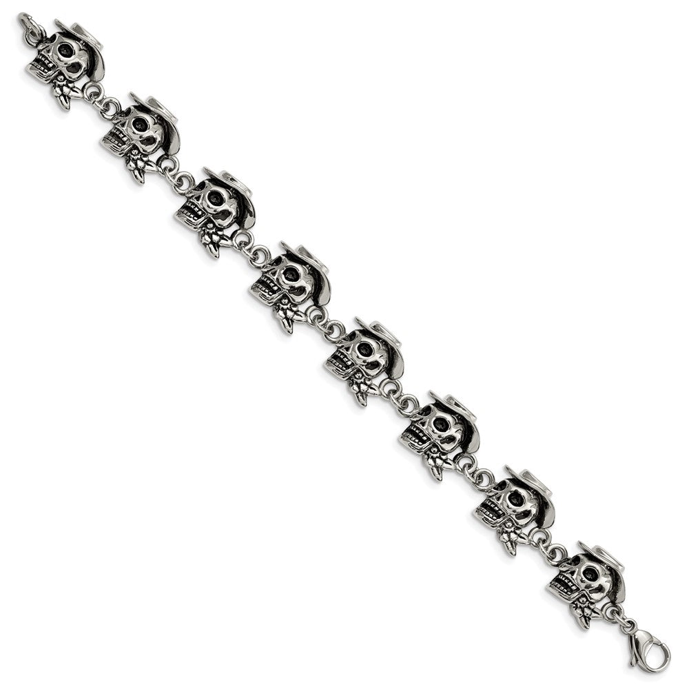 8.5 Inch Stainless Steel Antiqued And Polished Pirates Skulls 8.5In Bracelet
