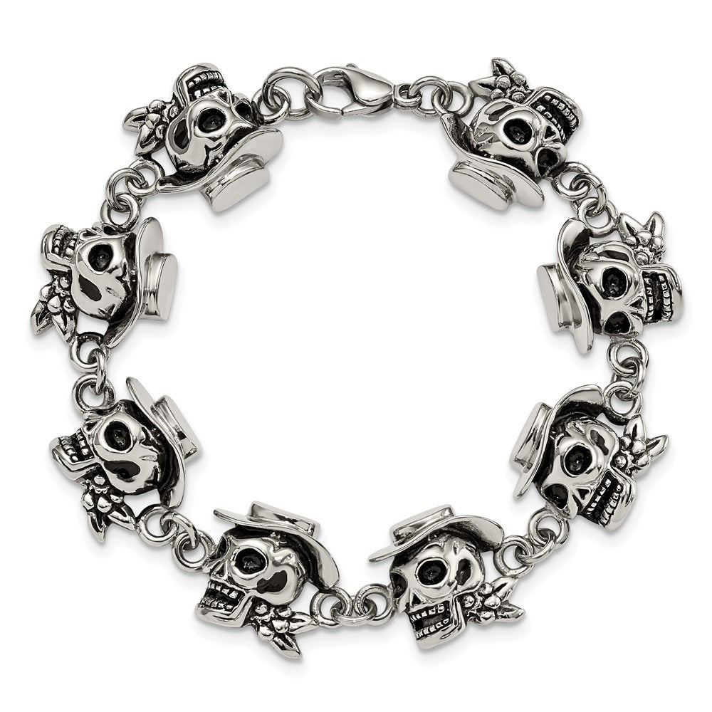 8.5 Inch Stainless Steel Antiqued And Polished Pirates Skulls 8.5In Bracelet
