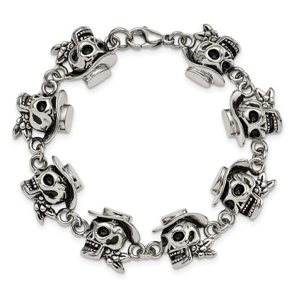 8.5 Inch Stainless Steel Antiqued And Polished Pirates Skulls 8.5In Bracelet
