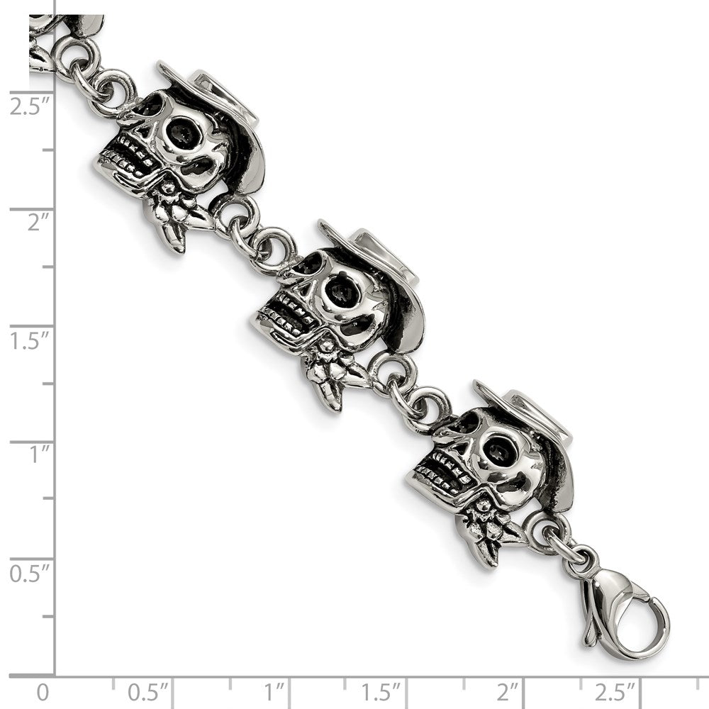 8.5 Inch Stainless Steel Antiqued And Polished Pirates Skulls 8.5In Bracelet