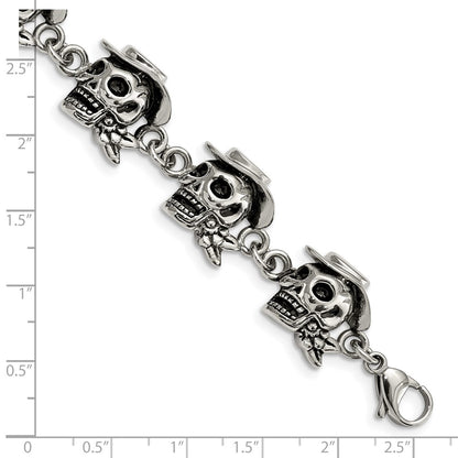 8.5 Inch Stainless Steel Antiqued And Polished Pirates Skulls 8.5In Bracelet