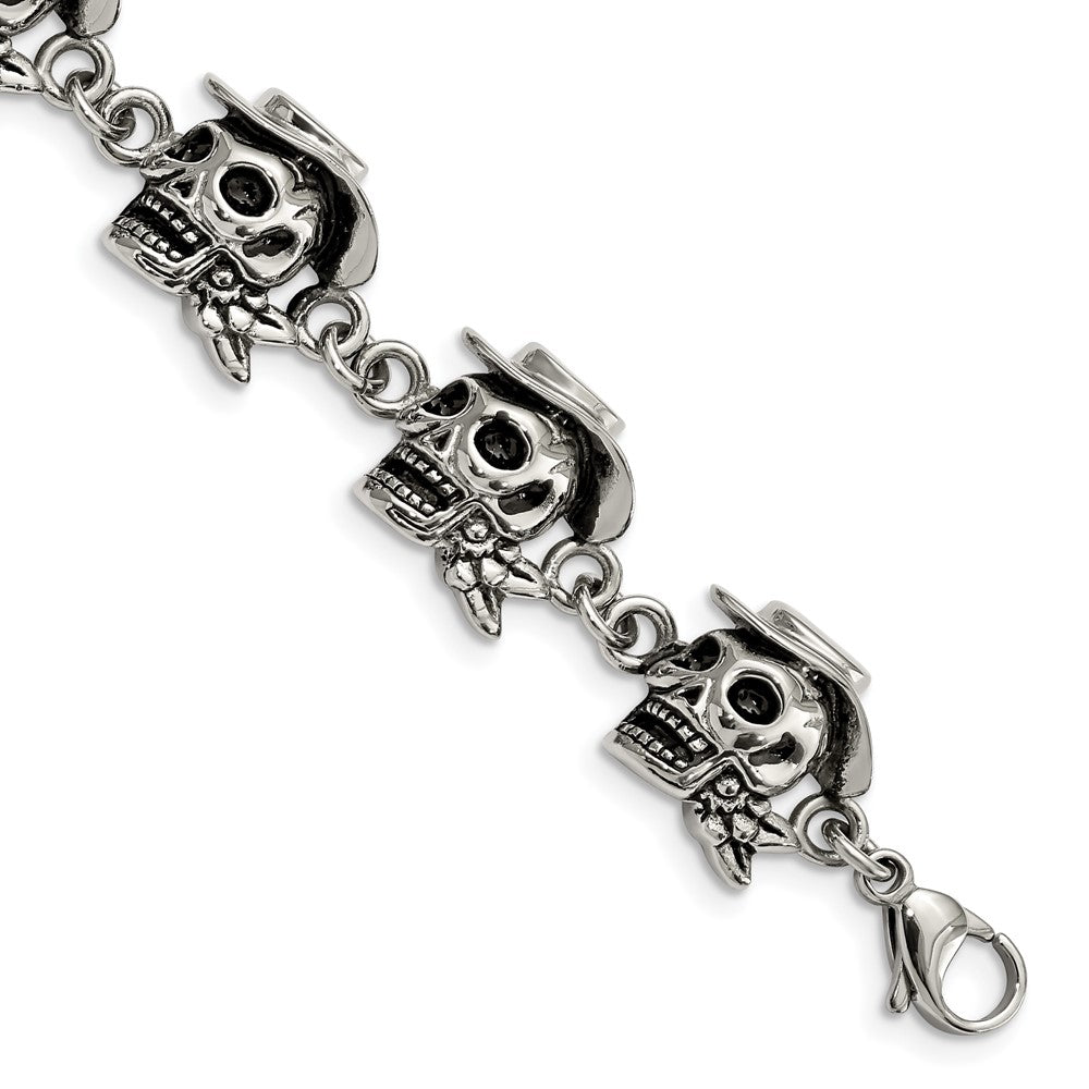 8.5 Inch Stainless Steel Antiqued And Polished Pirates Skulls 8.5In Bracelet
