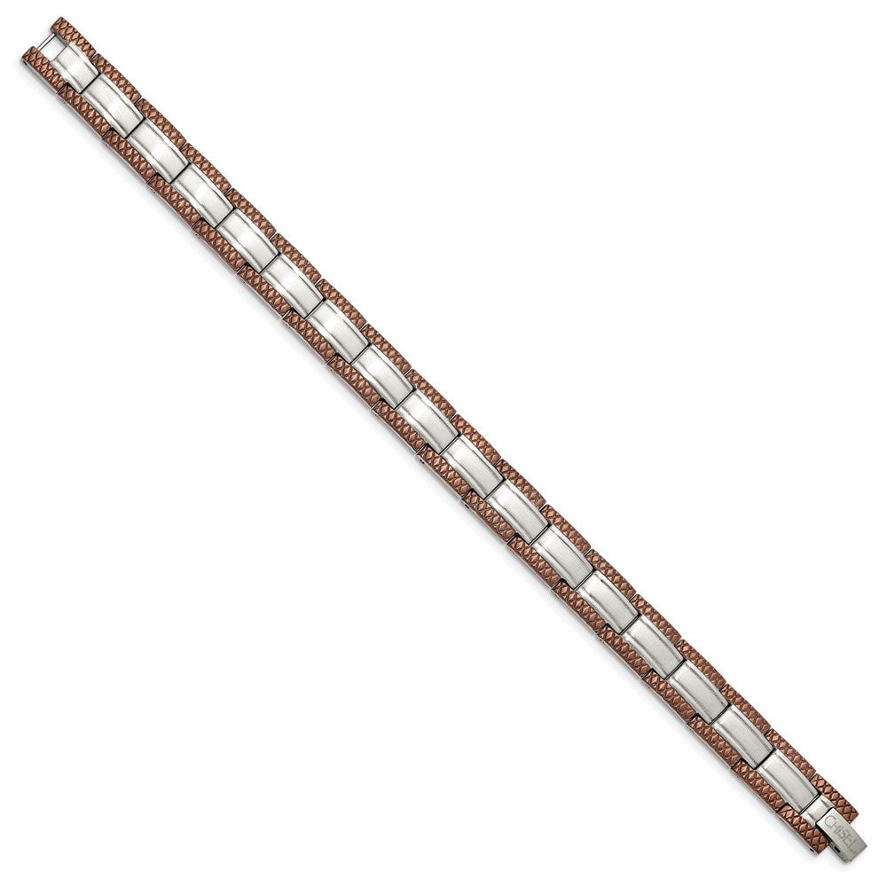 Stainless Steel Chisel Brushed With Textured Brown Ip-Plated Edges 8.75 Inch Link Bracelet