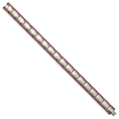 Stainless Steel Chisel Brushed With Textured Brown Ip-Plated Edges 8.75 Inch Link Bracelet