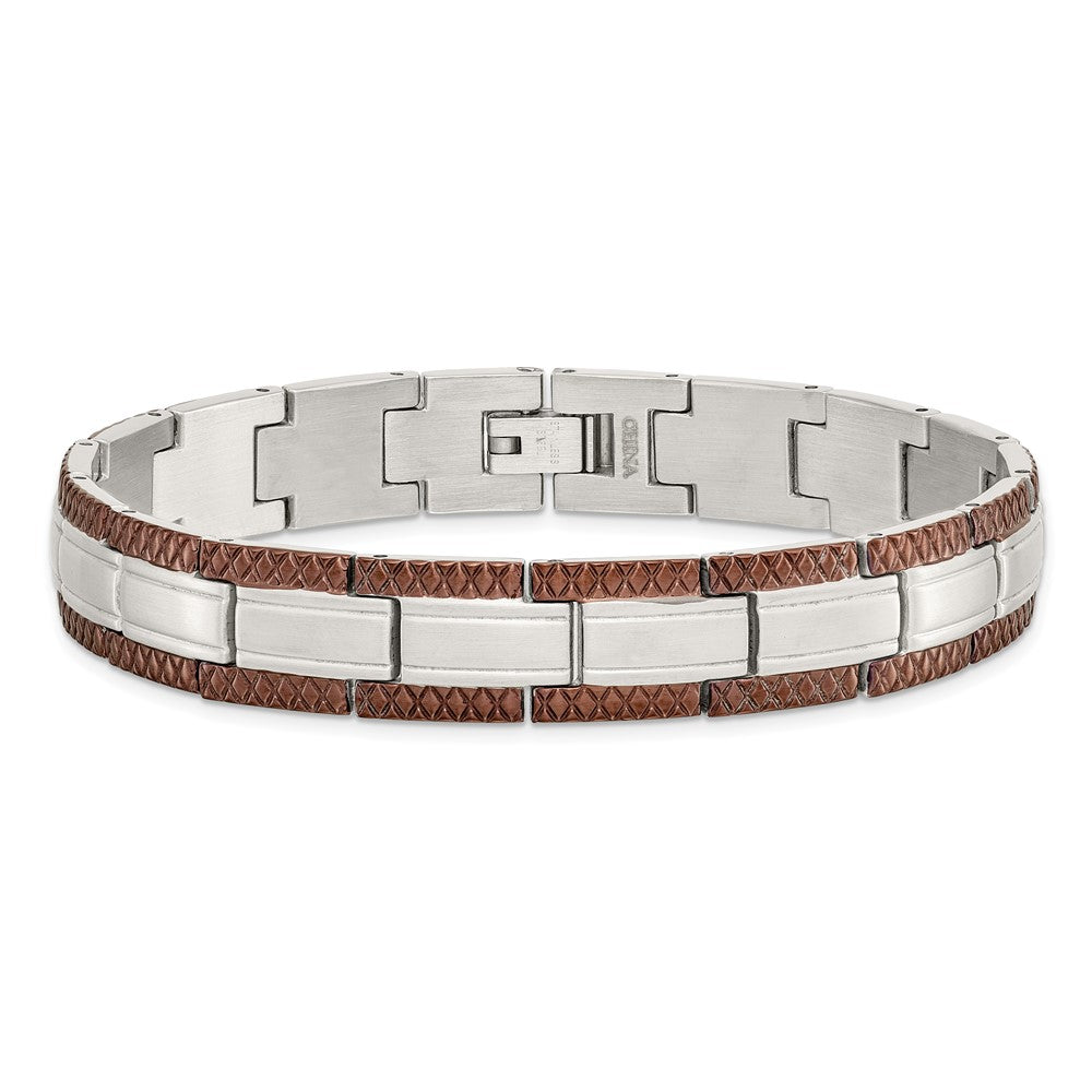 Stainless Steel Chisel Brushed With Textured Brown Ip-Plated Edges 8.75 Inch Link Bracelet