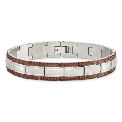Stainless Steel Chisel Brushed With Textured Brown Ip-Plated Edges 8.75 Inch Link Bracelet
