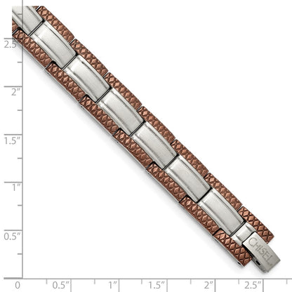 Stainless Steel Chisel Brushed With Textured Brown Ip-Plated Edges 8.75 Inch Link Bracelet
