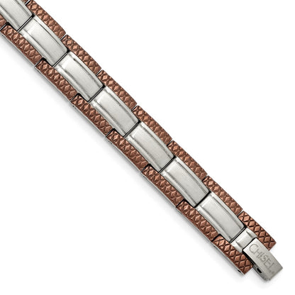 Stainless Steel Chisel Brushed With Textured Brown Ip-Plated Edges 8.75 Inch Link Bracelet
