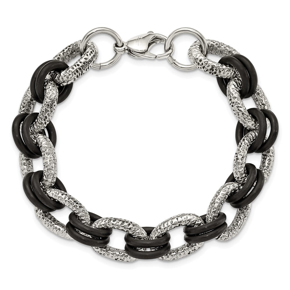 9 Inch Stainless Steel 9In Polished And Textured With Black Rubber Bracelet
