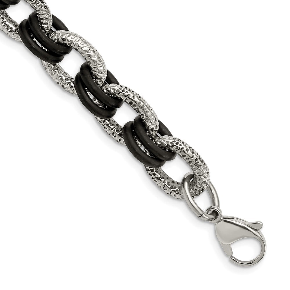 9 Inch Stainless Steel 9In Polished And Textured With Black Rubber Bracelet