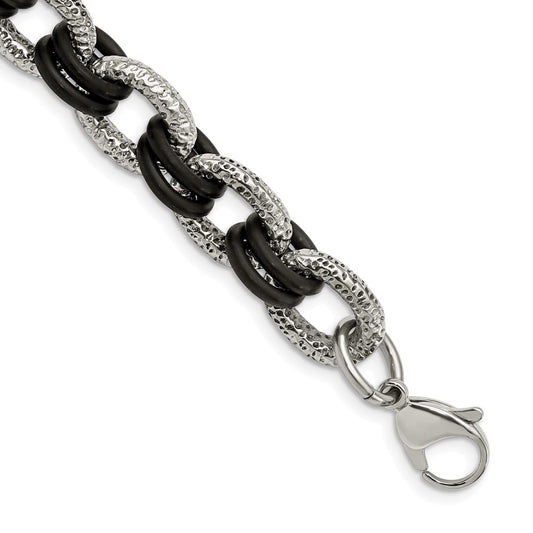 9 Inch Stainless Steel 9In Polished And Textured With Black Rubber Bracelet
