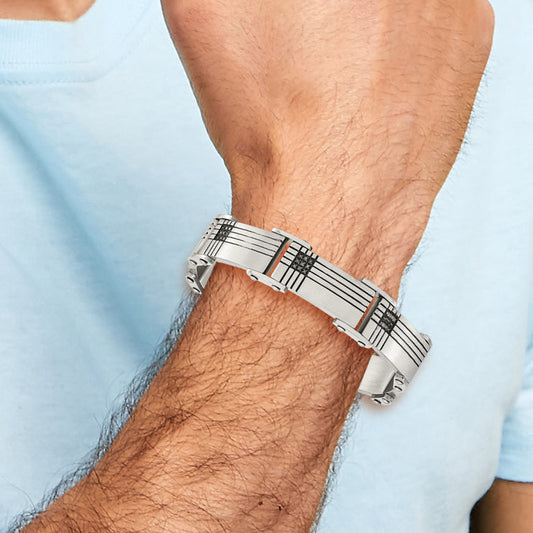 Stainless Steel Chisel Brushed And Polished Black Ip-Plated With 1/2 Carat Diamond 8.5 Inch Bracelet