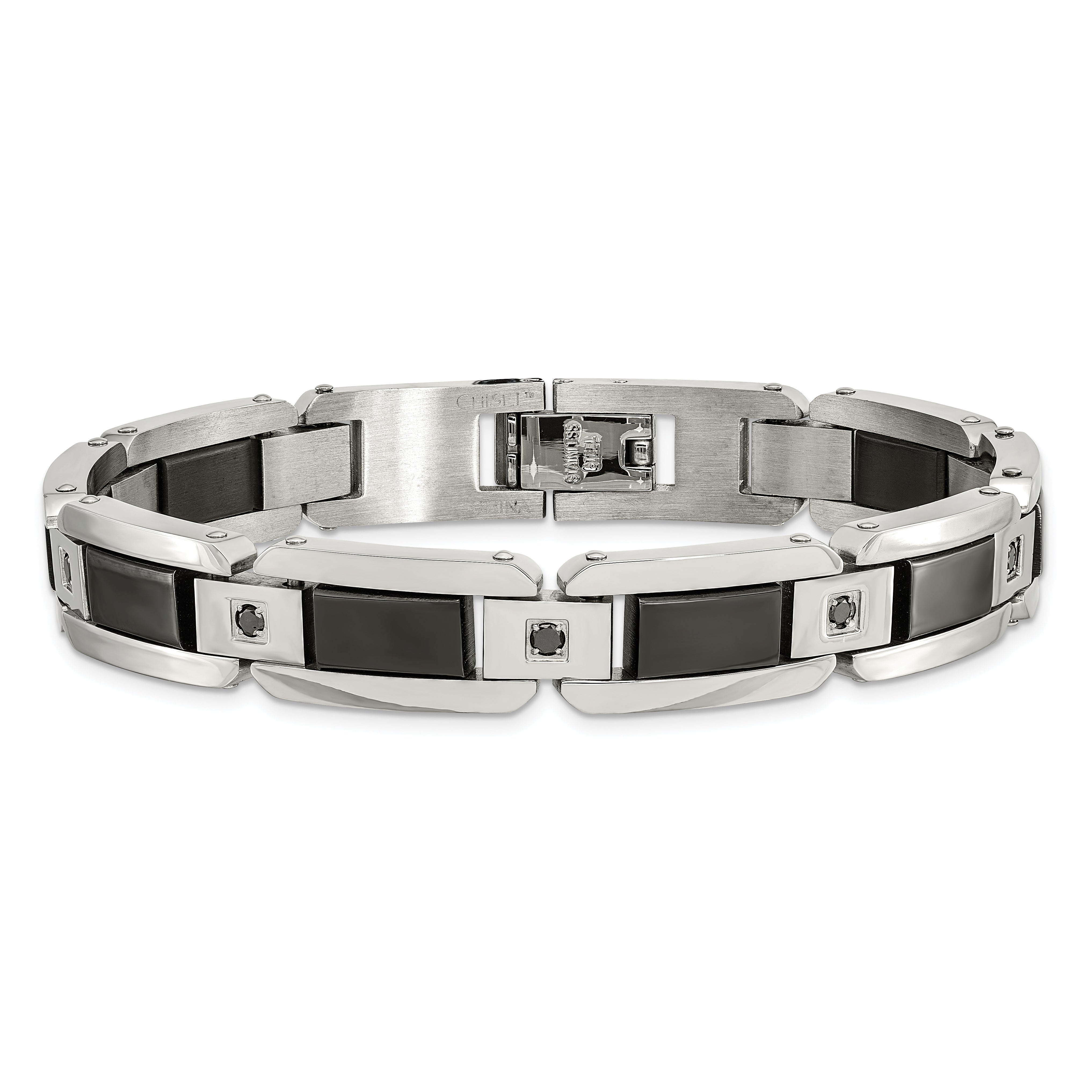 Stainless Steel Chisel Polished With Black Enamel And 1/2 Carat Diamond 8.75 Inch Bracelet