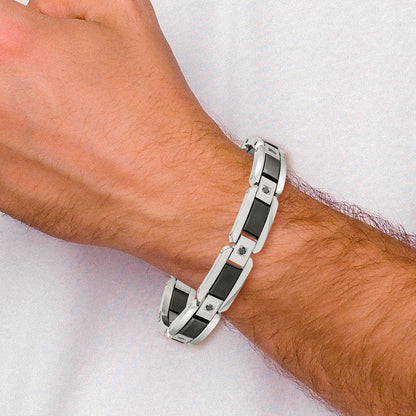 Stainless Steel Chisel Polished With Black Enamel And 1/2 Carat Diamond 8.75 Inch Bracelet
