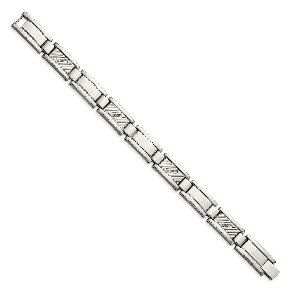 Stainless Steel Chisel Polished And Textured With 1/10 Carat Diamond 8.5 Inch Bracelet