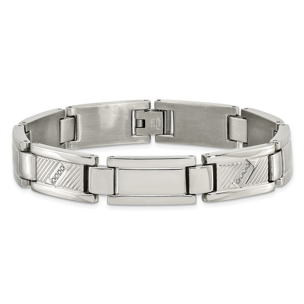 Stainless Steel Chisel Polished And Textured With 1/10 Carat Diamond 8.5 Inch Bracelet