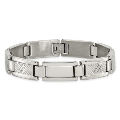Stainless Steel Chisel Polished And Textured With 1/10 Carat Diamond 8.5 Inch Bracelet