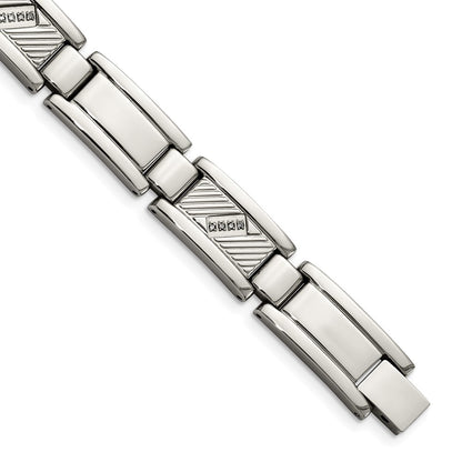 Stainless Steel Chisel Polished And Textured With 1/10 Carat Diamond 8.5 Inch Bracelet