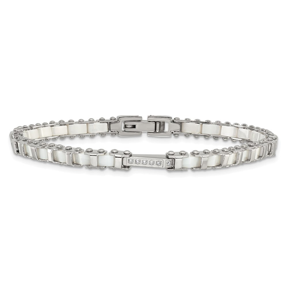 7.5 Inch Stainless Steel Polished Cz & White Ceramic Link Bracelet