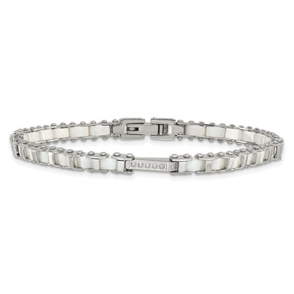 7.5 Inch Stainless Steel Polished Cz & White Ceramic Link Bracelet