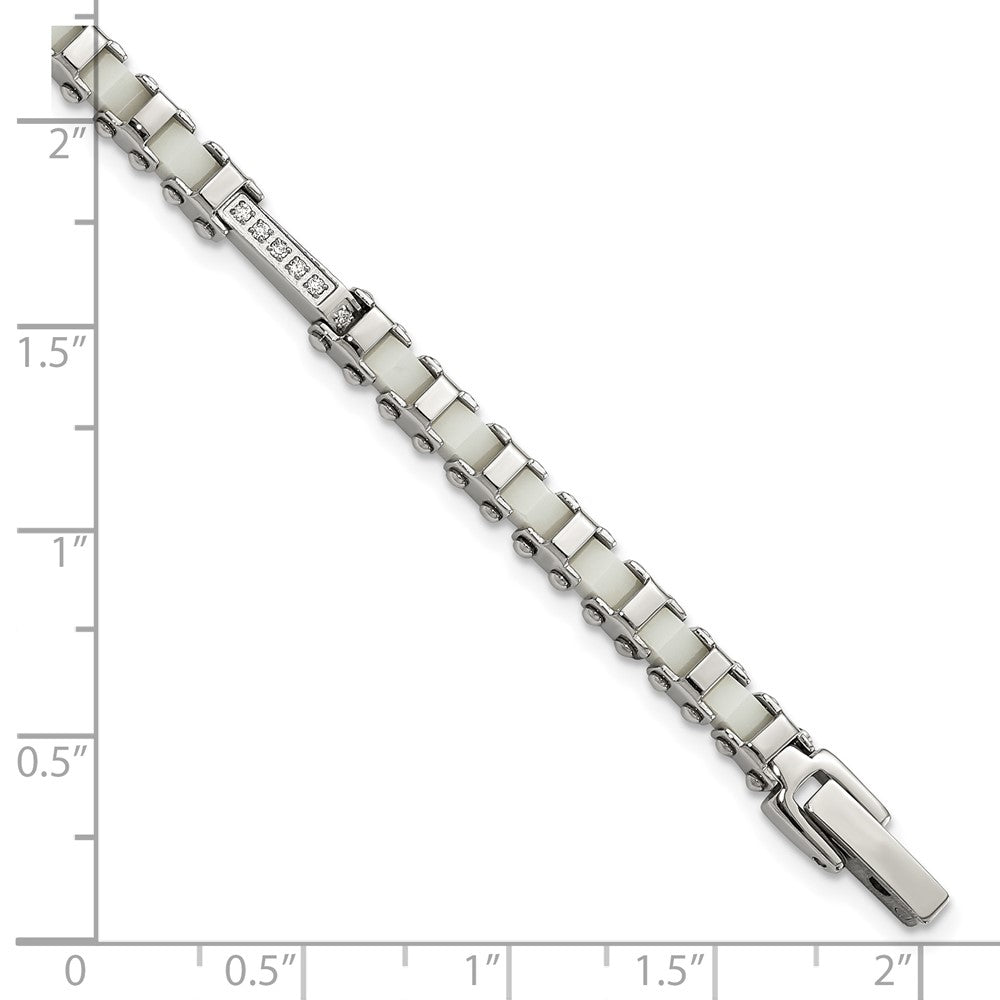 7.5 Inch Stainless Steel Polished Cz & White Ceramic Link Bracelet