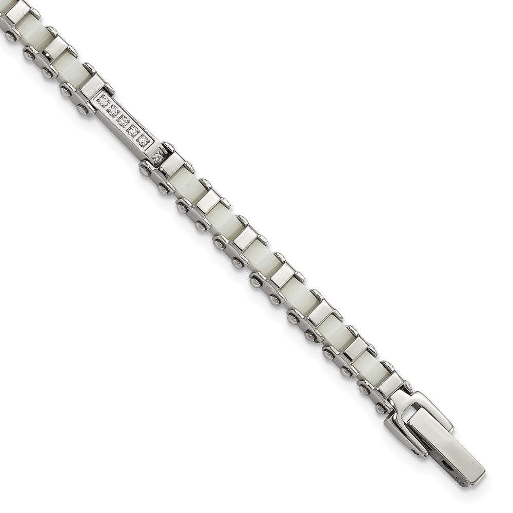 7.5 Inch Stainless Steel Polished Cz & White Ceramic Link Bracelet