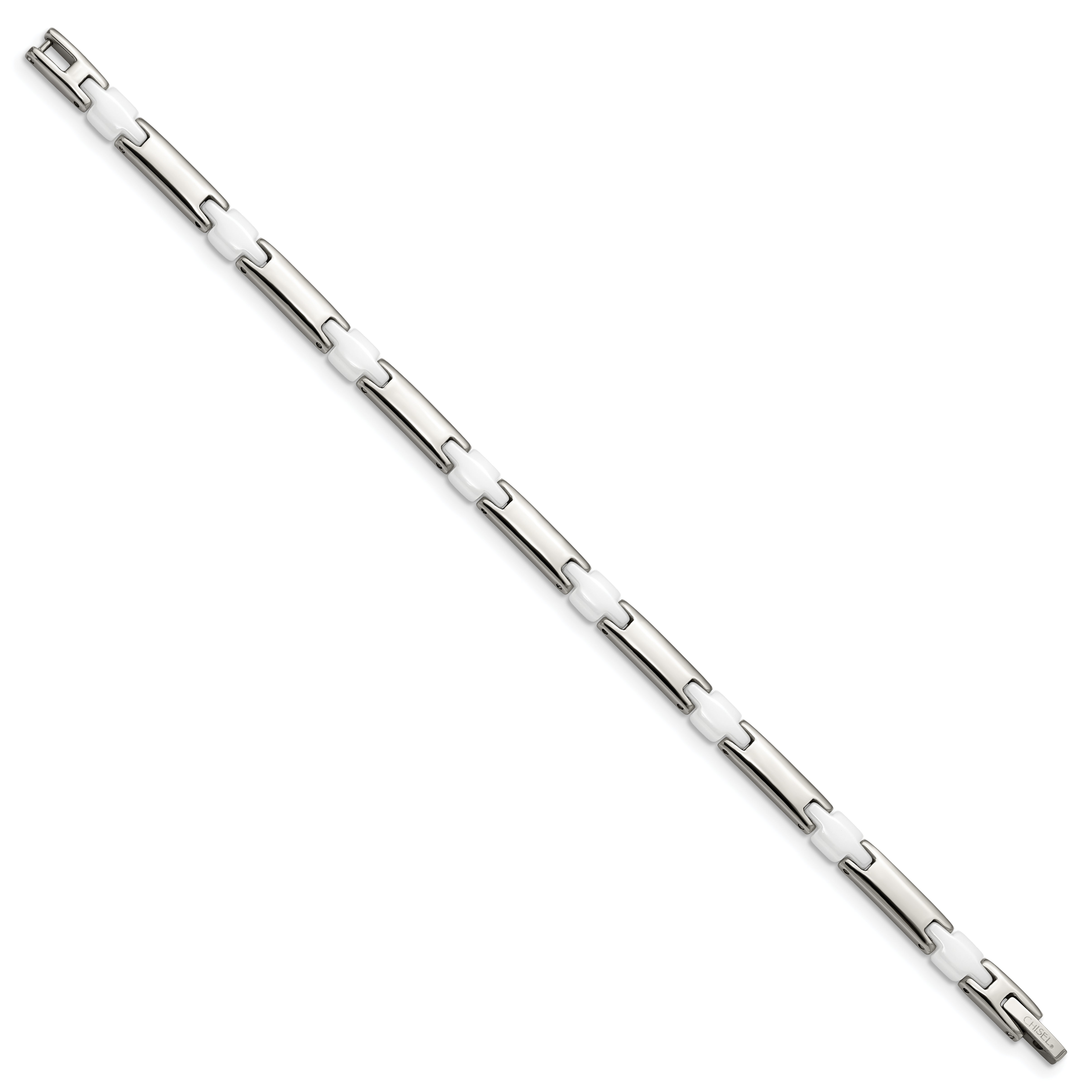 Stainless Steel Chisel Polished With White Ceramic 7.5 Inch Link Bracelet
