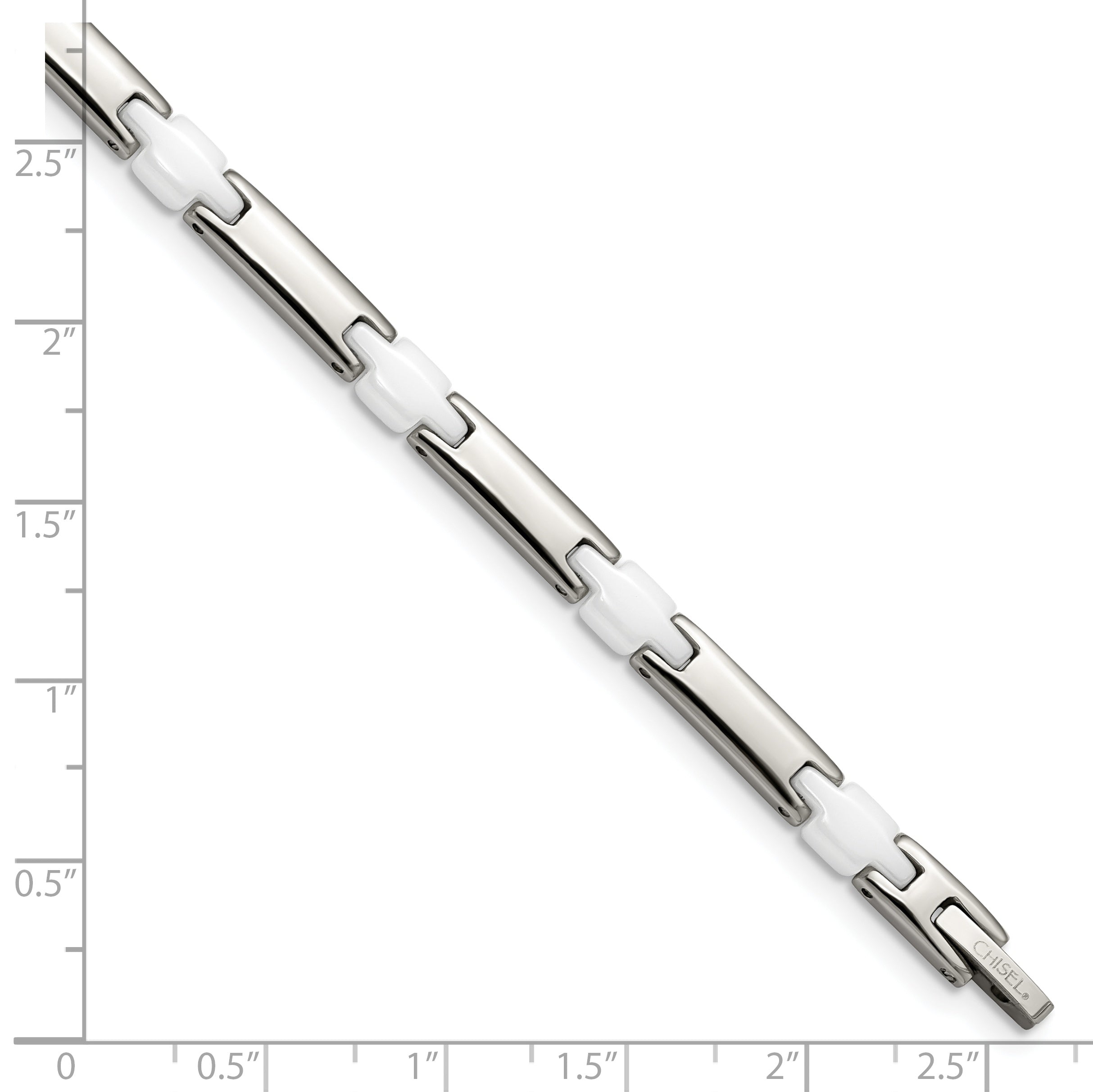 Stainless Steel Chisel Polished With White Ceramic 7.5 Inch Link Bracelet