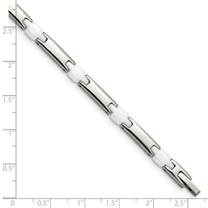 Stainless Steel Chisel Polished With White Ceramic 7.5 Inch Link Bracelet