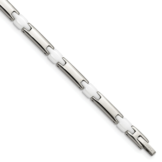Stainless Steel Chisel Polished With White Ceramic 7.5 Inch Link Bracelet