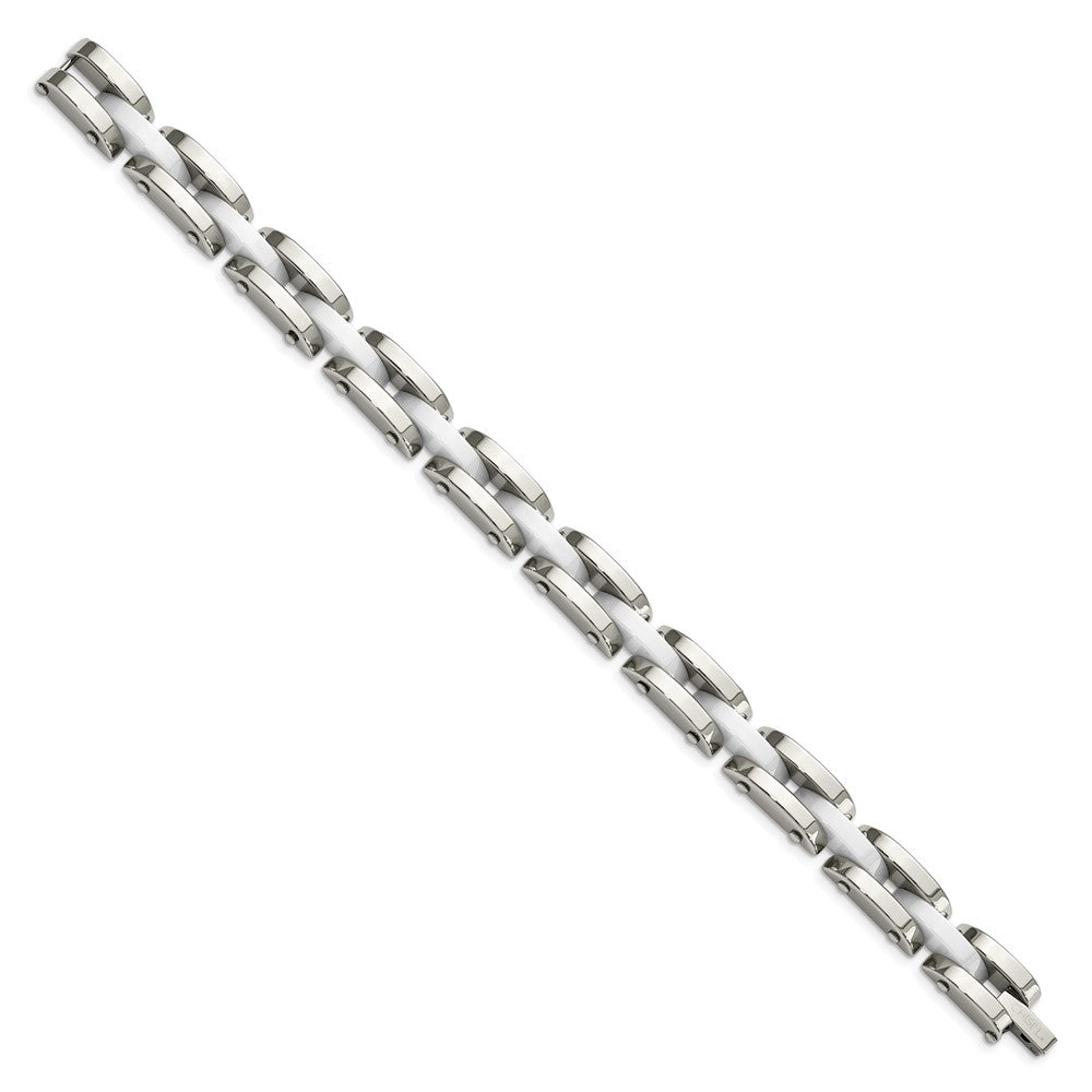 Stainless Steel Chisel Polished With White Ceramic 7.5 Inch Link Bracelet
