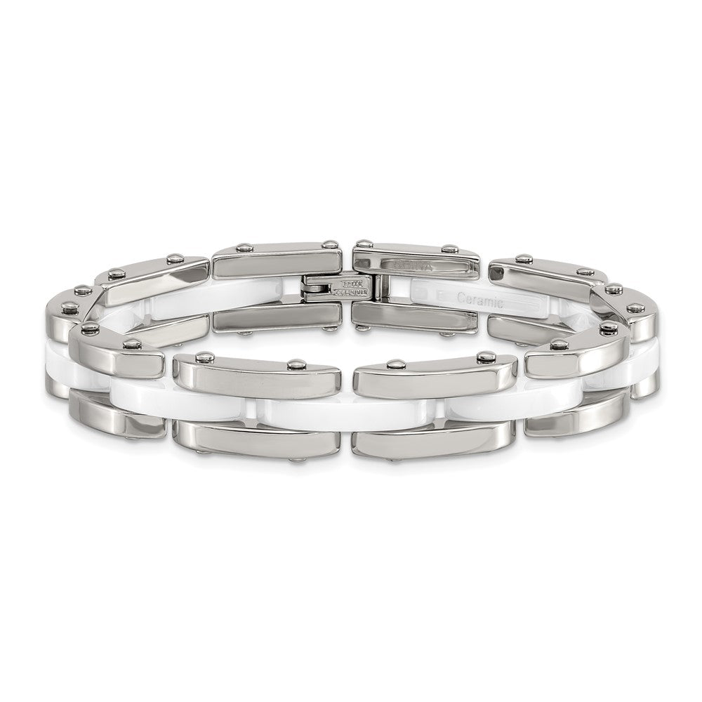 Stainless Steel Chisel Polished With White Ceramic 7.5 Inch Link Bracelet