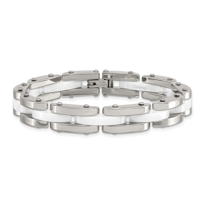 Stainless Steel Chisel Polished With White Ceramic 7.5 Inch Link Bracelet