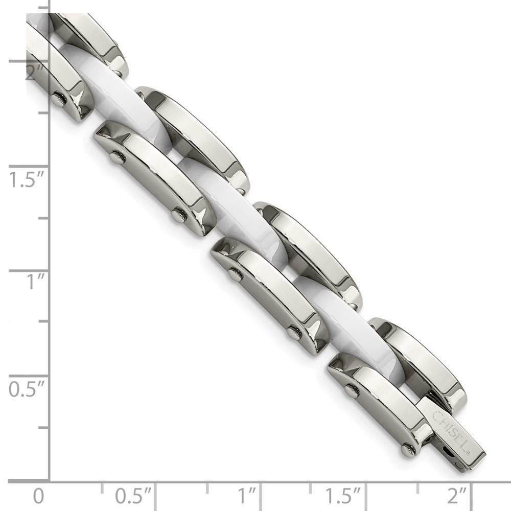 Stainless Steel Chisel Polished With White Ceramic 7.5 Inch Link Bracelet