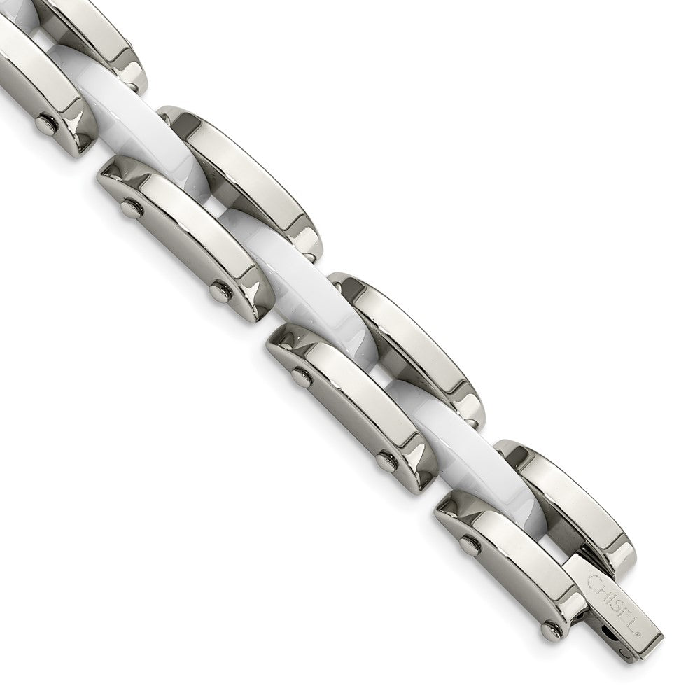 Stainless Steel Chisel Polished With White Ceramic 7.5 Inch Link Bracelet