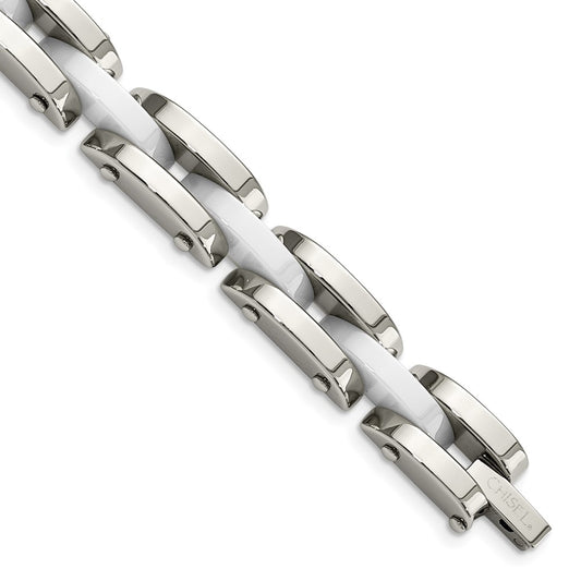 Stainless Steel Chisel Polished With White Ceramic 7.5 Inch Link Bracelet
