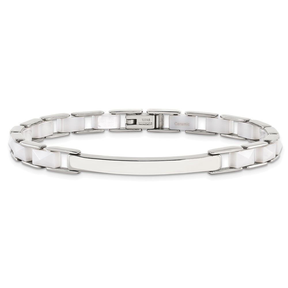 7.5 Inch Stainless Steel & White Ceramic Bar Bracelet