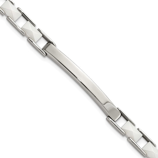 7.5 Inch Stainless Steel & White Ceramic Bar Bracelet