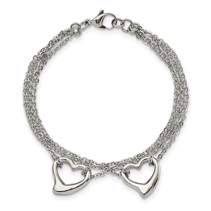 Stainless Steel Chisel Polished Cutout Hearts 7 Inch Multi-Strand Bracelet