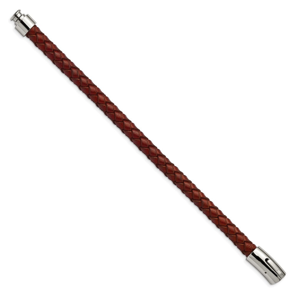 Stainless Steel Chisel Polished Brown Braided Leather 8.5 Inch Bracelet