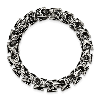 Stainless Steel Chisel Antiqued And Polished 8.5 Inch Dragon Scale Link Bracelet