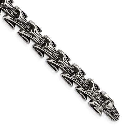 Stainless Steel Chisel Antiqued And Polished 8.5 Inch Dragon Scale Link Bracelet