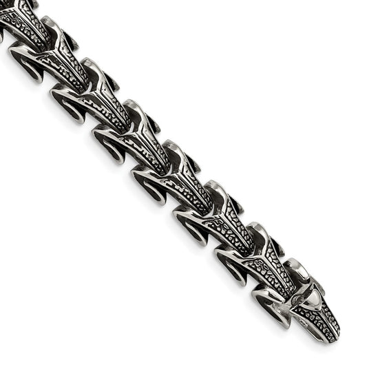 Stainless Steel Chisel Antiqued And Polished 8.5 Inch Dragon Scale Link Bracelet