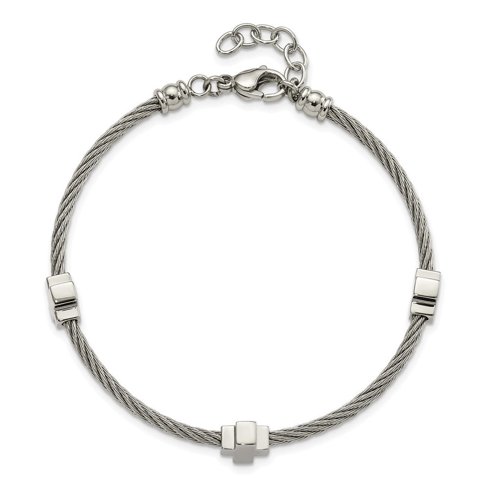 Stainless Steel Chisel Polished Crosses On Twisted Wire 7.5 Inch Bracelet With .75 Extension
