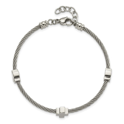 Stainless Steel Chisel Polished Crosses On Twisted Wire 7.5 Inch Bracelet With .75 Extension