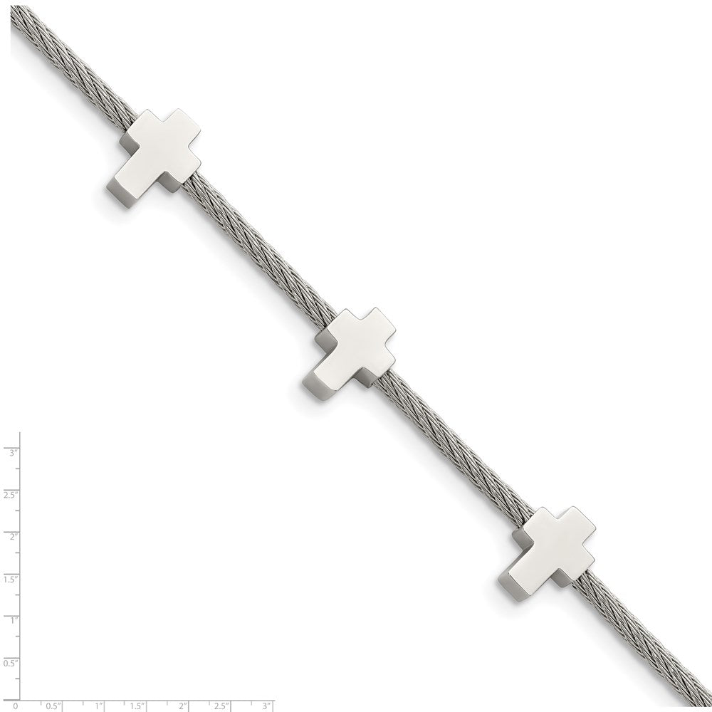 Stainless Steel Chisel Polished Crosses On Twisted Wire 7.5 Inch Bracelet With .75 Extension